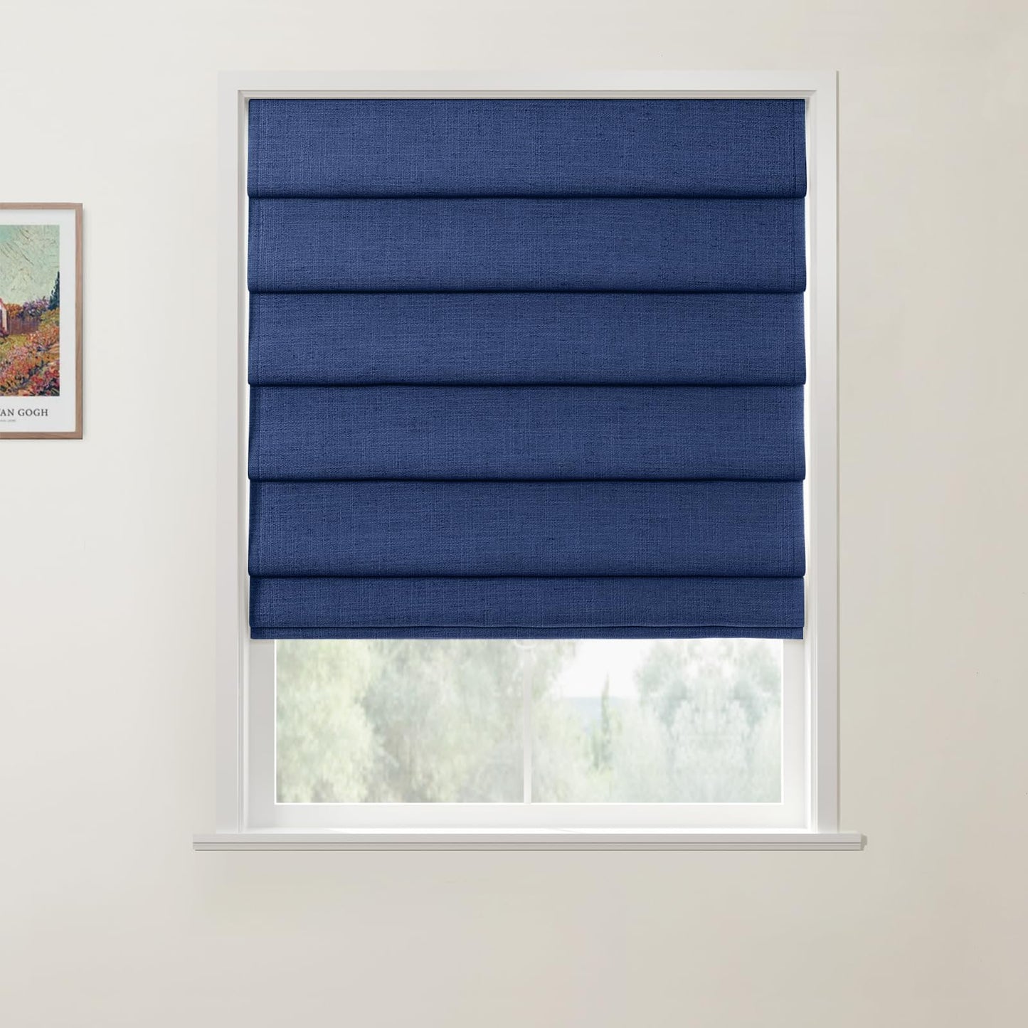 Drapifytex Navy Blue Cordless Customized Back Slat Roman Shade Faux Linen Sun Shade Roman Blind for Farmhouse Room Darkening Blind Washable Fabric Shade, 1 Piece