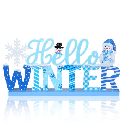 MiniInflat Hello Winter Table Decor Winter Metal Table Sign Christmas Blue Snowman Snowflake Decor with Wood Base for Wonderland Decorations Xmas Home Tiered Tray Mantel Tabletop Centerpiece