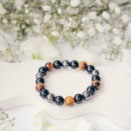 Triple Protection Bracelet for Men Women | Black Tourmaline Obsidian Hematite 8mm Beaded Bracelet | Anxiety Relief Chakra Healing Gemstone Crystal Gift