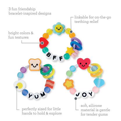 Infantino Friendship Baby Teethers, Soft Silicone Teething Toys, Sensory Textures, Easy to Grip, BPA-Free, Soothes Sore Gums, On-The-Go Travel Teethers, 3-Pack