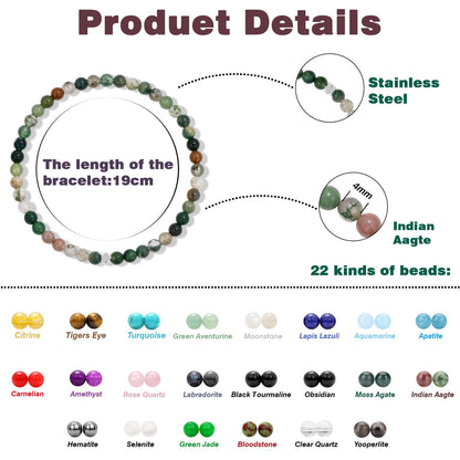 Raicegs 4MM Indian Agate Beaded Bracelets Healing Crystal Bracelet for Women Men Natural Stone Handmade Stretch Bracelet Reiki Spiritual Jewelry