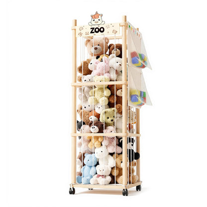 Nynicorny Stuffed Animal Storage Zoo Tower, Wooden Toy Organizer with Wheels, 56inch Large Cute Stuffy Holder & Plushie Storage Bag, Premium Wooden Material For Toddler Rooms, Playrooms & Bedrooms