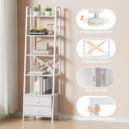 Furologee 5-Tier Ladder Shelf with 2 Drawers,Narrow Bookshelf Storage Shelves,Industrial Bookcase Freestanding Rack Units for Bedroom,Living Room,Bathroom,Home Office,Balcony,Wood Metal, White