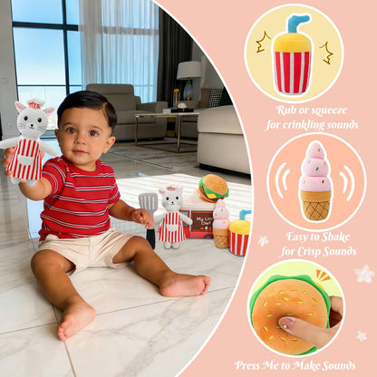 Cooking Play Set for Toddlers Cat Baby Toys 6-12 Months Interactive Stuffed Animal Plush Kitchen Pretend Toys for Girls Boys Gift Stuffed Teething Toy Infants Crinkle Sensory Toy Montessori(Kitten)