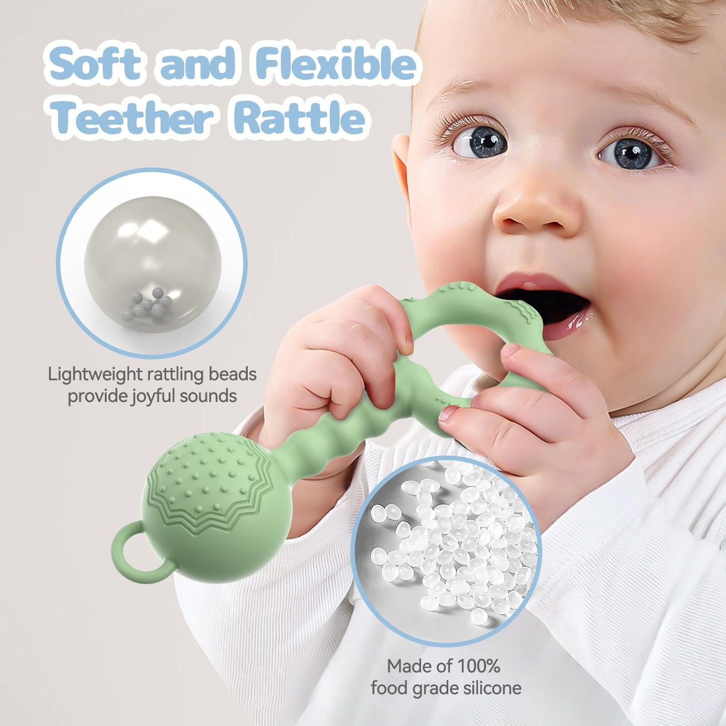 2 Pcs Baby Rattle Teether, 2-in-1 Rattle and Teether Toy for Soothing Sore Gums and Keeps Little Ones Entertained, Food Grade Silicone (Blue+Green)