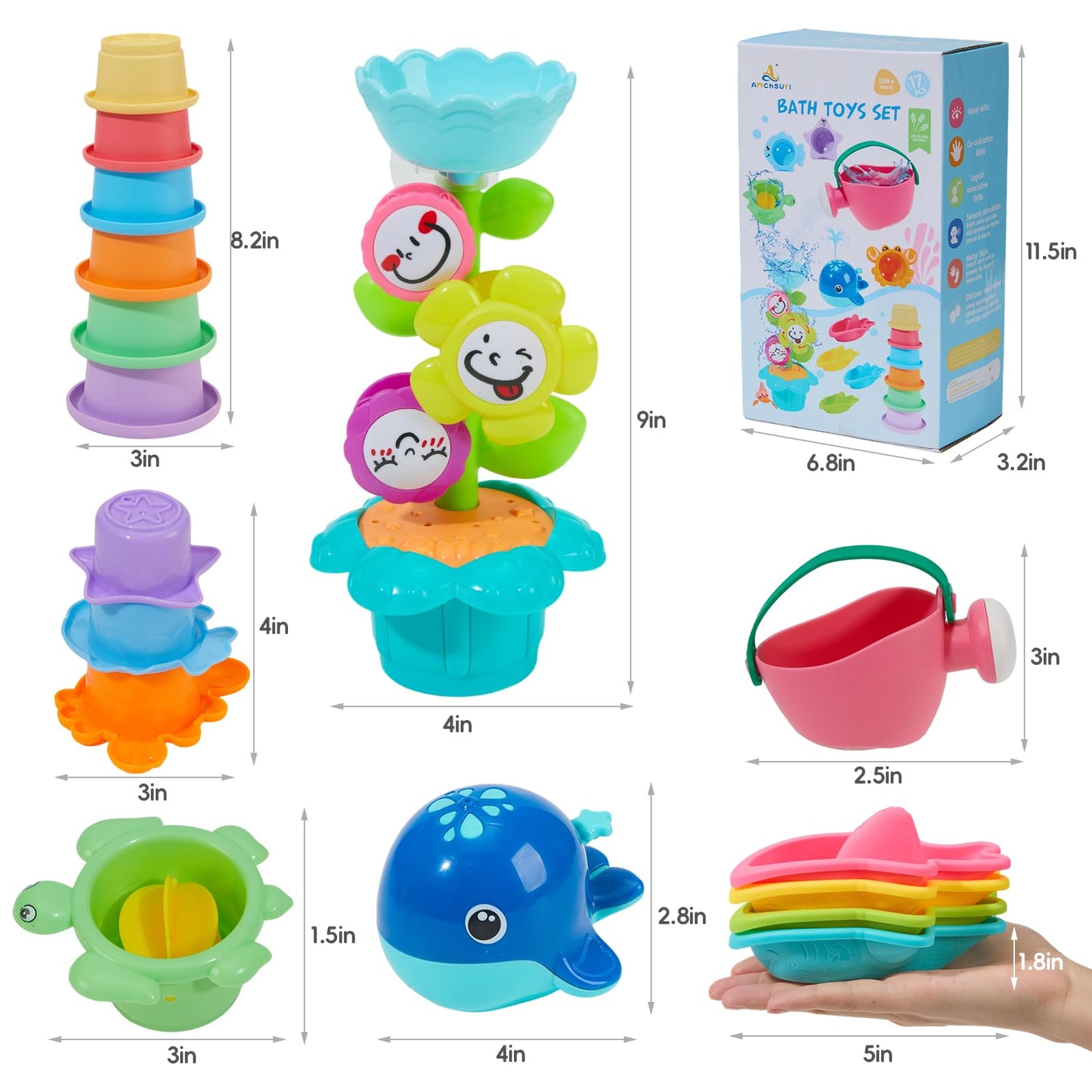 Bath Toys for Kids Ages 1-3 17PCS Fun and Easy-Grip Mold Free Baby and Toddler Bath Toys Set, Interactive Flower and Watering Can Bathtub Pool Water Table Toys for 1+ Year Old Boys Girls Gifts