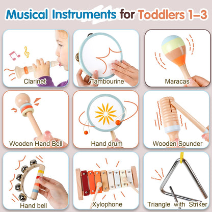 Wooden Toddler Musical Instruments Set, 9PCS Kids Montessori Toys, Baby Toys with Xylophone & Drum, Educational Gift for Ages 1, 2, 3 Year Olds