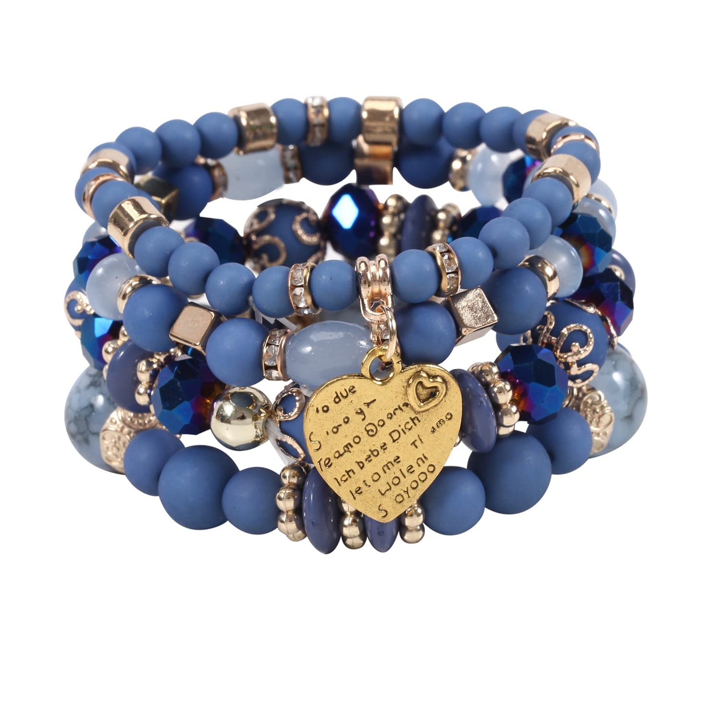 Jewellify Women Beaded Bracelet Set - Colorful Boho Stackable Bangle Bracelet with Crystal Accents - Trendy Fashion Stretch Charm Bracelets Jewelry for Women (Blue)