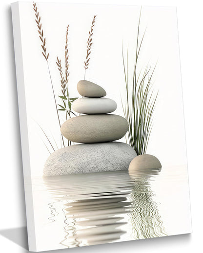 KBIERQN Zen Stone Canvas Wall Art Stacked Stones in Water Poster Print Tranquil Wild Grass Painting Picture for Spa Yoga Meditation Room Bathroom Wall Decor 16x24in Framed Ready to Hang