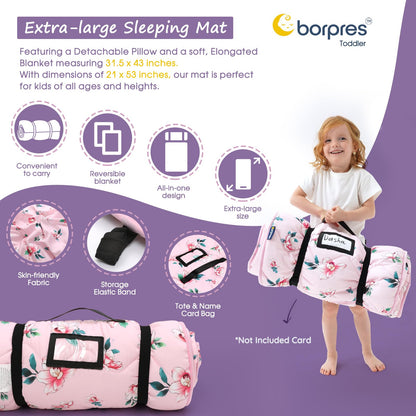 Nap Mat with Pillow Blanket Set: Pink Floral Sleeping Mats for Toddler Kids - Thick Large Roll up Slumber Bag for Daycare Preschool Kindergarten Boys Girls