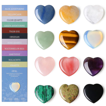 DUQGUHO 1 Inch Hearts Crystals and Healing Stones Reiki Gems Healing Crystals Amethyst Crystal Hearts Set Rose Quartz Heart Shaped Crystals Bulk Polished Gemstones Spiritual Gifts for Women 12 PCS