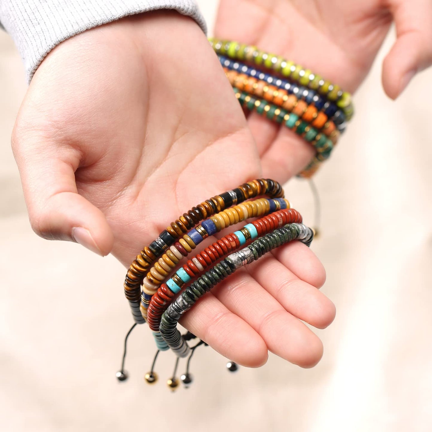 Boho South Western Style Natural Gemstone Brick Red Blue Turquoise & Carnelian Stones Chakra Stacking Bolo Bracelet Gold Plated Stainless Steel Spacers Rondel Tube Beads Adjustable Slider Cord 7-9”