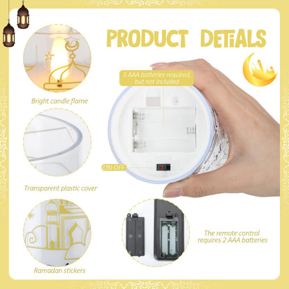 Huquary 3 Pcs Eid Mubarak Pillar Flameless Candles with Remote Ramadan Decorations Ramadan LED Flickering Candles Battery Operated Plastic Pillar Candlesticks for Eid Fit Gifts Home Decor, 3", 5", 6"