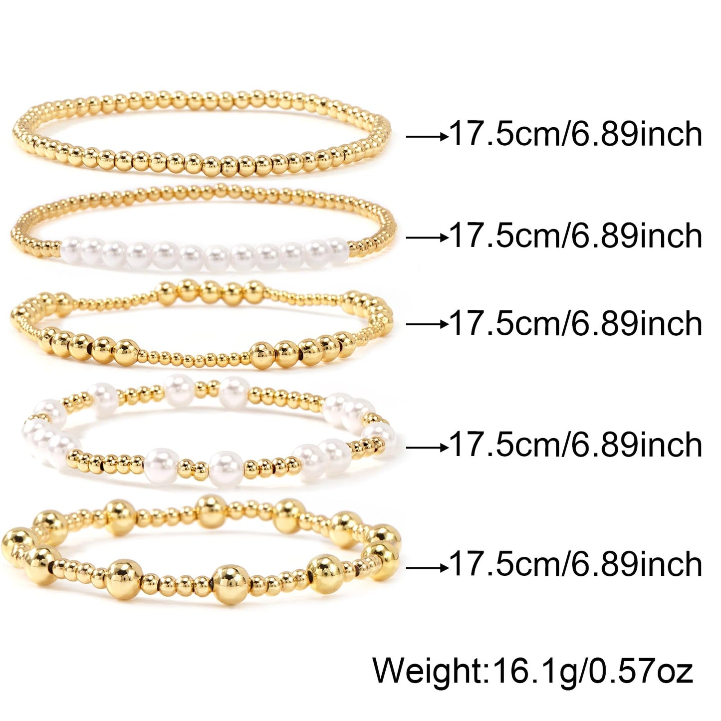 14K Gold Pearl Beaded Bracelet Stack for Women,Dainty Bohemian Stretch Gold Plated Ball Beads Non Tarnish Stackable Bracelets Fashion Holiday Party Jewelry Gift Friendship