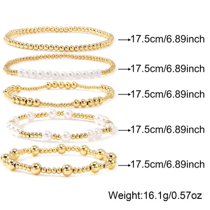 14K Gold Pearl Beaded Bracelet Stack for Women,Dainty Bohemian Stretch Gold Plated Ball Beads Non Tarnish Stackable Bracelets Fashion Holiday Party Jewelry Gift Friendship