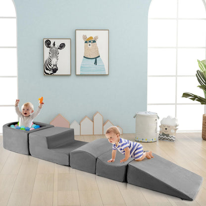 Costzon Toddler Climbing Toys Indoor, 5 Pieces Foam Climb and Crawl Playset w/Kids Ball Pit & Detachable Machine-Washable Covers for Playroom Children Room, Soft Play Climbing for Toddlers (Gray)