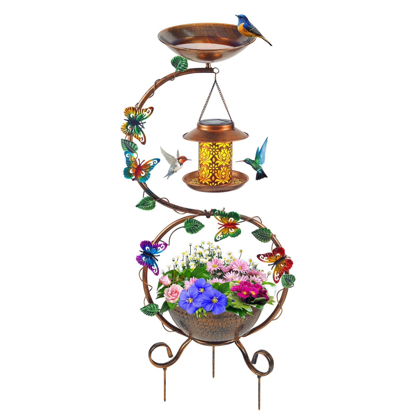 YYWMWM Metal Birdbath with Flower Planter Pedestal and Solar Bird Feeders Combo for Outdoor, Decorative Bird Bath with Butterfly for Garden Yard Outside