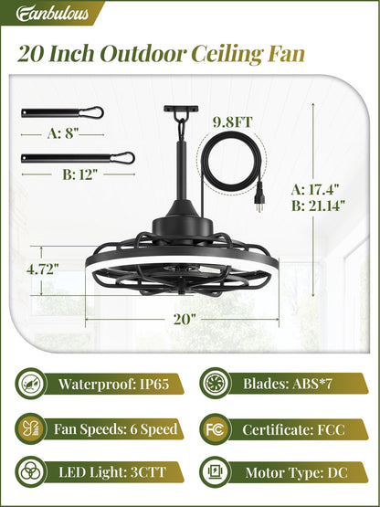 Fanbulous Outdoor Ceiling Fans with Light for Patios, 20" Weatherproof Plug in Ceiling Fan, Gazebo Fan Remote&APP Control, 3CCT Dimmable,Caged Ceiling Fan with Hanging Hook for Porch, Pergola,Canopy