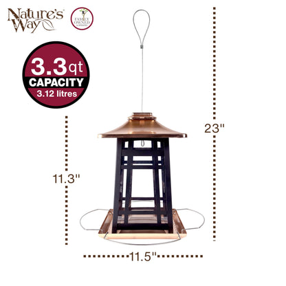 Nature's Way Outdoor Garden Décor Hanging Wild Bird Seed Feeder, Metal Copper Gazebo Feeder, Easy Fill, Rain Drainage, Black and Copper