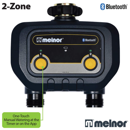 Melnor 65183AMZ Bluetooth Hose Timer, 2-Zone Programmable Watering Timer, Quick Connect Bundle, Black, Yellow