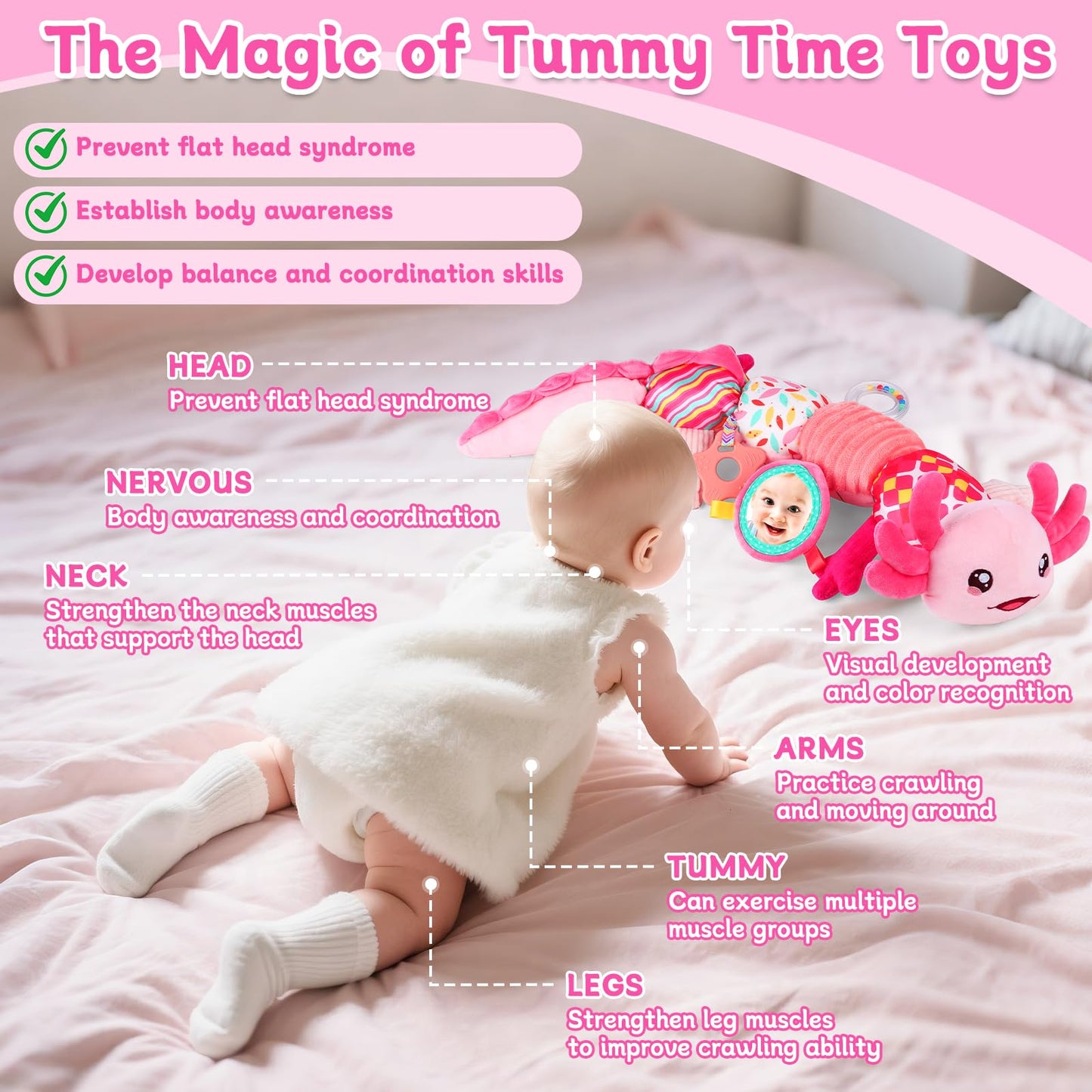 Baby Girls Toys 0-6 Months,Infant Sensory Caterpillar Pink Axolotl Baby Musical Rattles Tummy Time Toys for 0 3 6 9 12 Months Stuffed Plush with Crinkle, Mirror,Teether for Newborn Shower Gifts