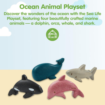 PlanToys® Wooden Sea Life 4-Piece Set Dolphin, Orca, Whale and Shark Figurines | Montessori Toy for Imaginative Play | Supports Language and Social Skills | Eco Friendly for Bath and Water Play