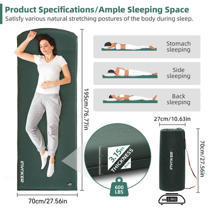 INVOKER 3.15" Self Inflating Camping Sleeping Pad, Ultra-Thick Elasticity Foam Fast Inflating 4-Season Insulated Durable Camping Mat Air Mattress with Pillow, for Tent, Car, Camping, Traveling, Green