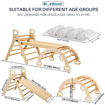 BlueWood Pikler Triangle Set with Cushion, 8-in-1 Foldable Wooden Toddler Climbing Toys Indoor Playground Jungle Gym Montessori Philosophy Climber for 2-6 Years Old, Baby, Kids (Natural Wood)