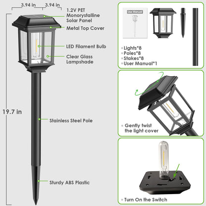Mancra Solar Outdoor Lights Waterproof, 8 Pack Metal Glass Solar Pathway Lights Outdoor Lighting Garden Decor for Landscape Path Yard Patio Driveway (Warm White)