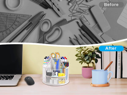 RURYEURT Sturdy Rotating Pen Holder, Cute Metal Pencil Holder, Large Mesh Pen Organizer for Desk, Premium Friendly Office Desk Accessories & Workspace Organizers, White