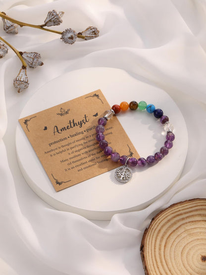 MANIFO Amethyst Chakra Crystals Bracelet for Women Healing Crystal Bracelet Natural Gemstone Beaded Bracelets with Life Tree Charm Jewellery Valentines Christmas Gifts