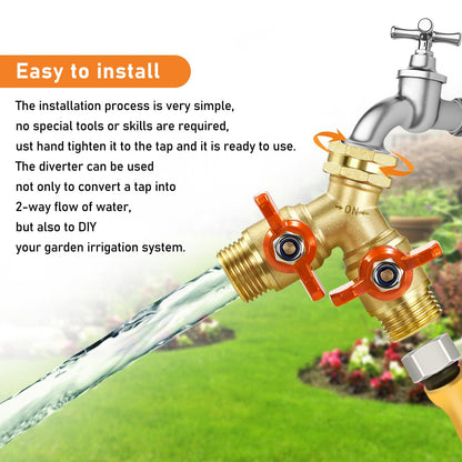 IPOW Upgrade Full Flow Garden Hose Splitter with Stainless Steel Handle, Brass Heavy Duty 2 Way Y Valve Garden Hose Splitter High Flow Spigot Splitter + 6 Rubber Hose Washers with Comfort Grip Use