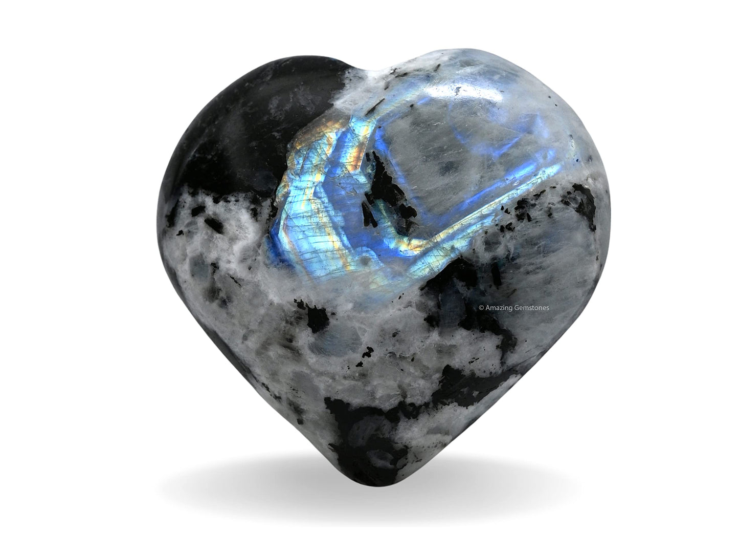 Amazing Gemstone Rainbow Moonstone Crystal Heart Palm Stone - Pocket Massage Worry Stone for Natural Body Chakra Balancing, Reiki Healing and Crystal Grid