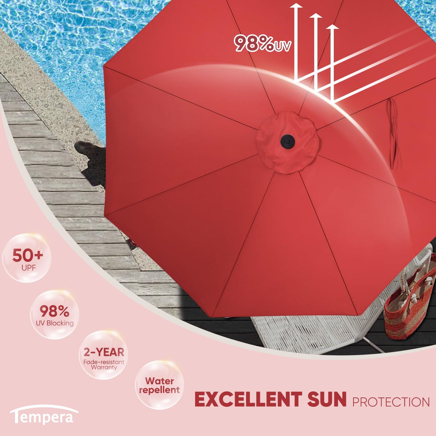 Tempera 9ft Patio Market Outdoor Table Umbrella with Auto Tilt and Crank, Large Sun Umbrella with Sturdy Pole & Fade Resistant Canopy, Easy to Set, Rust Red