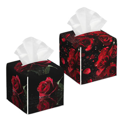 2 Pcs Tissue Box Cover Square Leather Tissue Case Holder Facial Paper Organizer Decorative for Bathroom Kitchen Car Office Home Decor (Rose Flowers Valentines Day)