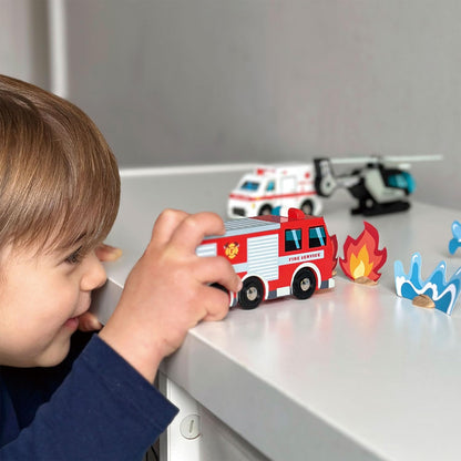 Tender Leaf Toys - Emergency Vehicles - 5 Wooden Rescue Vehicles with Moving Parts for Toddler Boys and Girls - Great Gift for Car Lovers - Educational Pretend Play Vehicles - Age 3+