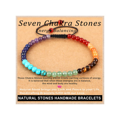 AD Beads 4mm Seven Chakra - Energy Balancing - Handmade Natural Stone Crystal Bracelet with Adjustable Macrame String - Yoga Healing Power Energy Gifts for Men and Women