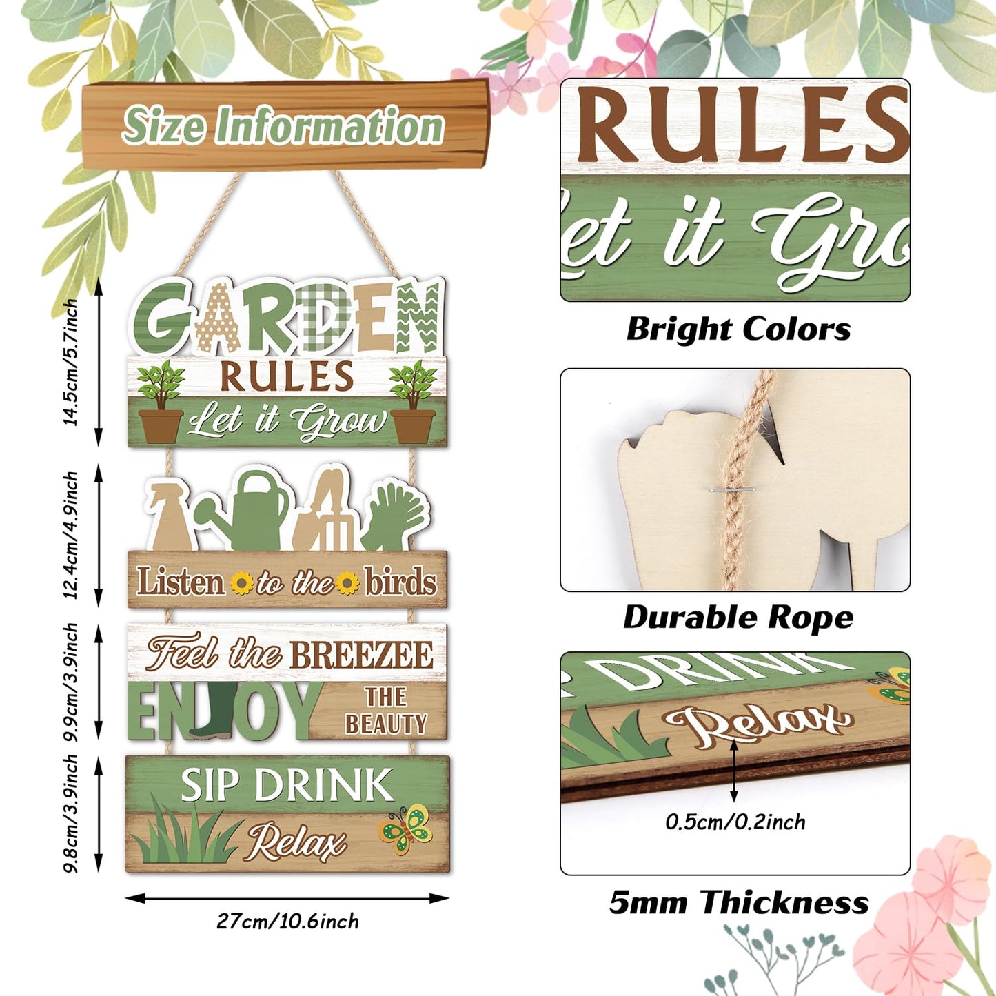 IARTTOP Garden Rules Hanging Sign Let It Grow Wooden Plaque Garden Home Decor Farmhouse Welcome Door Signs for Porch Yard Gardening Shed Decorations 10x18.4Inch Gifts for Plant Lovers
