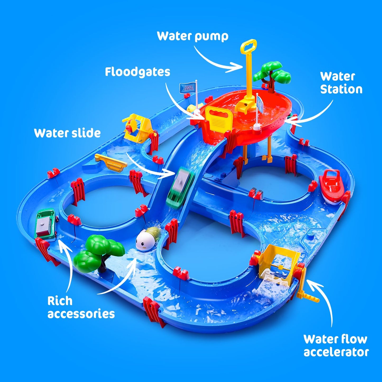 TERRAMUS Double-Tier Kids Water Table Toys, 100PCS Water Park Playset with Pump, DIY Toddler Waterways, Summer Outdoor Toys for Backyard,Lawn,Beach,Pool, Outside Activity Funs for Boys Girls 4-8 3-5