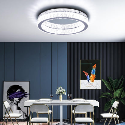 Finktonglan Crystal LED Flush Mount Ceiling Light, 17.7" Modern Round Crystal Ceiling Light, 48W 6000K Cool White, K9 Crystal & Stainless Steel, Low Profile, Non-Dimmable (No Remote)