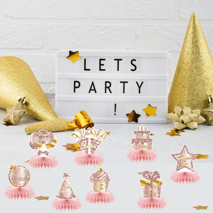 Pink Rose Gold Birthday Honeycomb Centerpieces Decorations Rose Gold Theme Party Table Centerpieces Women Girl Party Glitter Honeycomb Table Toppers Supplies