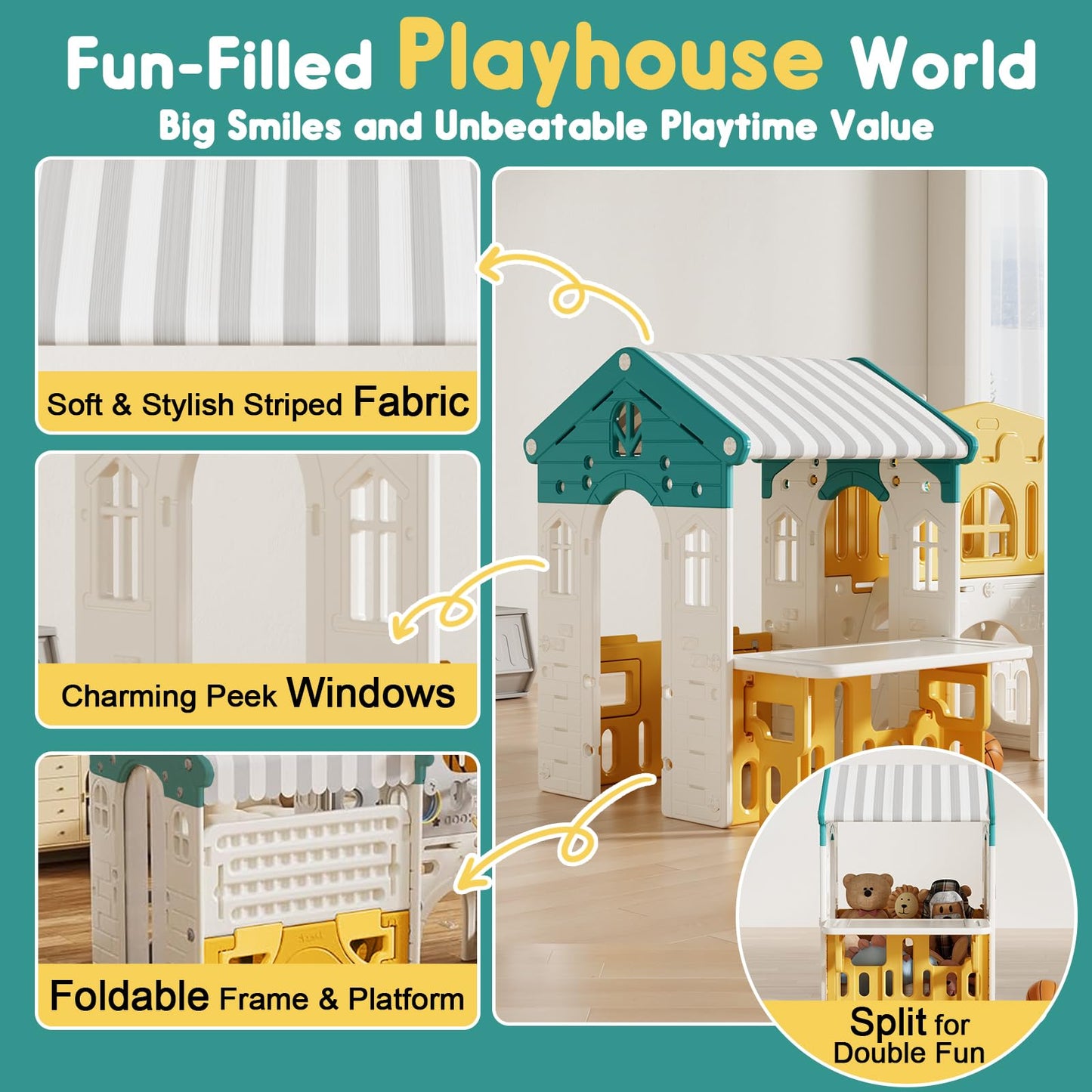Playground Playsets Outdoor Playhouse 10 in 1 Toddler Slide with Rock Climber with Basketball, Hoop, Storage, playroom Upgraded