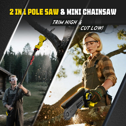 Autubin 2-in-1 Electric Pole Saw for Tree Trimming,1200W Brushless Cordless Pole Saw & 6 Inch Mini Chainsaw with 2 x 4.0Ah 21V Batteries,16 FT Max Reach & Multi-Angle, Tree Trimmer for Branch Cutting.
