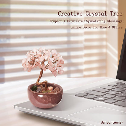 Janyortrenner Rose Quartz Crystal Tree,Romantic Office Desk Bedroom Decor,Handmade Copper Wire in Crackle Ceramic Base,Spiritual Gift for Her