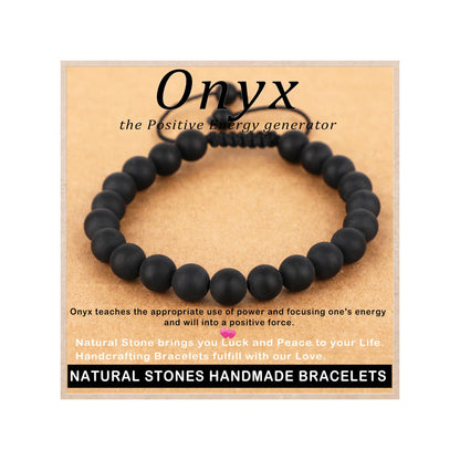 AD Beads 8mm Matte Onyx - Positive Energy - Handmade Natural Stone Crystal Bracelet with Adjustable Macrame String - Yoga Healing Power Energy Gifts for Men and Women