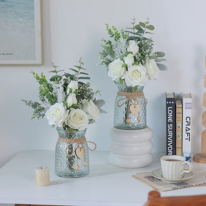 Faux Flowers with Vase,Artificial Silk Roses in Vase, Fake Plant Eucalyptus Flower Arrangement for Home Office Farmhouse Bathroom Dining Table Centerpiece Decorations Coffee Table Decor (White)