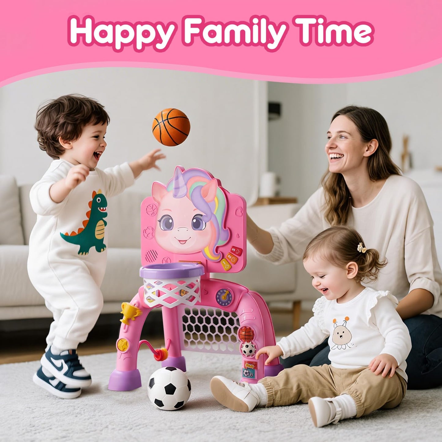 JMMICO Toddler Basketball Hoop & Soccer Goal Activity Center, Interactive Toys with Light Music,Unicorn Toddlers Musical Toys Gift, Baby Birthday Easter Gifts Gift for 1 2 3 Year Old Boys Girls