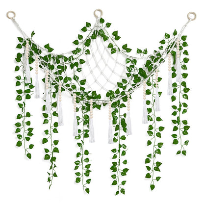 Suncalla 4 Pcs Large Stuffed Toy Storage Net Hammock Corner with Fake Vines Artificial Ivy Garland Bedroom Aesthetic Decor for Kids Baby Nursery Essentials Wall Bedroom Home Decor (White)