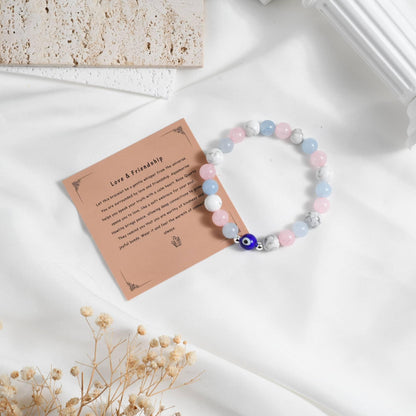 DLYFNVEV Love Friendship Harmony Peace Bracelet Rose Quartz Blue Aquamarine Howlite Eye Evil Protection Healing Crystal Beaded Anxiety Relief Triple Natural Stone Jewelry Gifts For Women