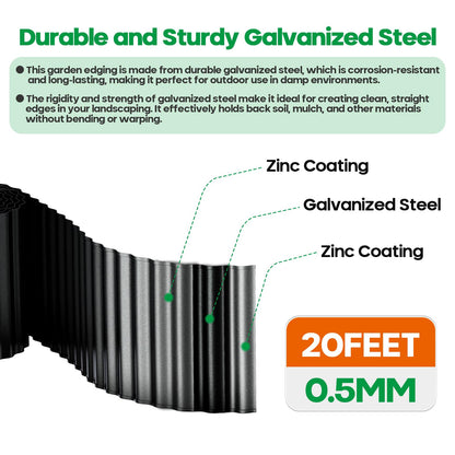 Camitlli Corrugated Metal Garden Edging, Sturdy Tall Landscape Edging Borders, Perfect DIY for Flower Beds, Lawn and Pathway, Tree Surrounds, Paver Edges (Black, 6"×20FT)